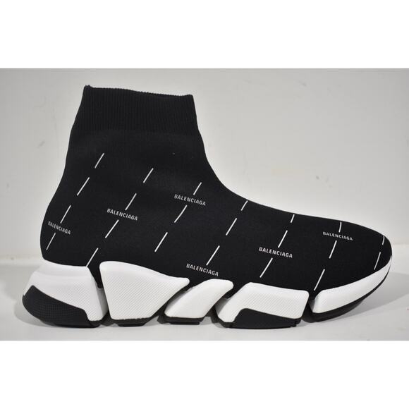 Balenciaga Mens Speed 2.0 Sock Black White All Over Logo High Top Sneaker 43 10 - Picture 3 of 12